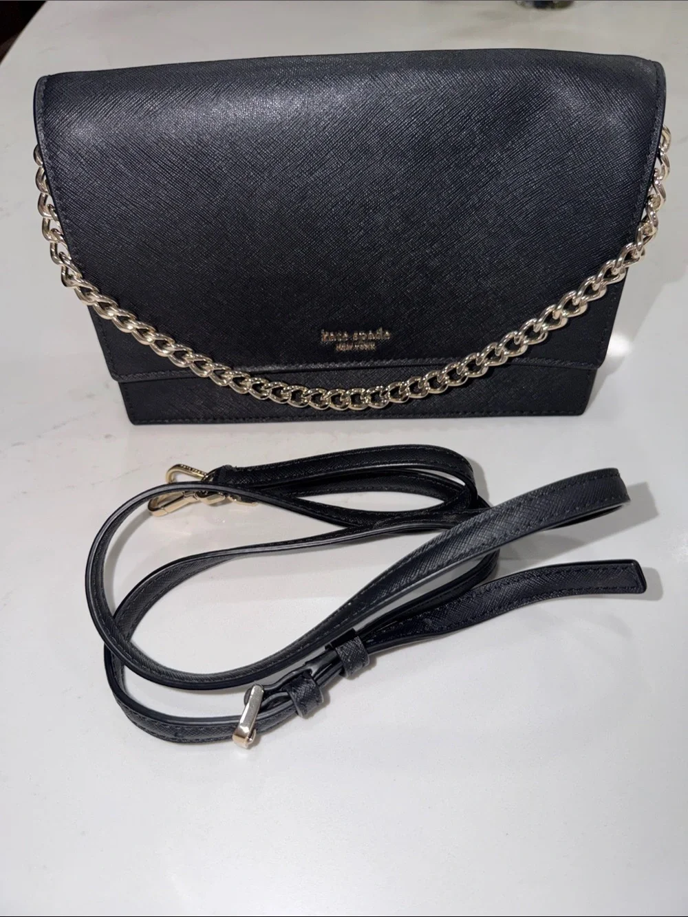 kate spade Black Saffiano Crossbody Bag or over the shoulder Gold Chain